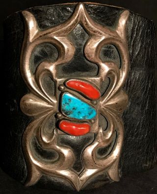 Vintage Navajo Ketoh,  Sand Cast Silver,  Bezelled Coral & Turquoise,  Leather Wrist