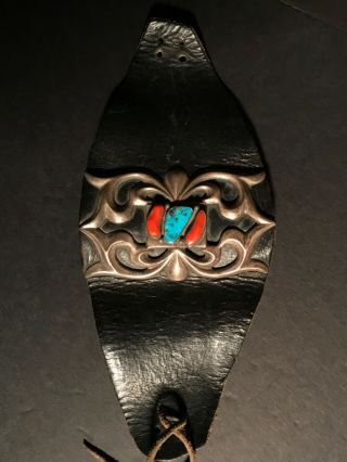 Vintage Navajo Ketoh,  Sand Cast Silver,  Bezelled Coral & Turquoise,  Leather Wrist 2