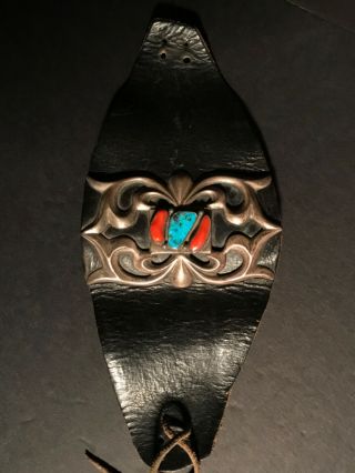Vintage Navajo Ketoh,  Sand Cast Silver,  Bezelled Coral & Turquoise,  Leather Wrist 5