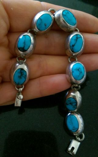 Vintage Solid 925/sterling Silver Mexico Taxco? Tm - 216 Turquoise Panel Bracelet