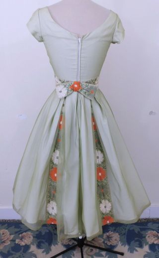 Vintage 50s 1950s Citrus Green Chiffon Embroidered Flowers Party Dress S