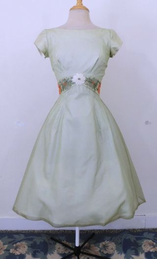 Vintage 50s 1950s Citrus Green Chiffon Embroidered Flowers Party Dress S 2