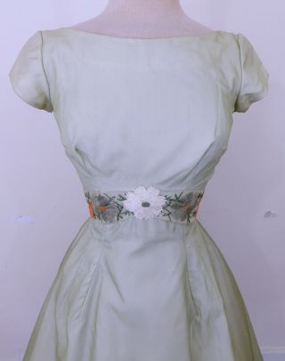 Vintage 50s 1950s Citrus Green Chiffon Embroidered Flowers Party Dress S 3