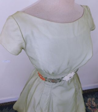 Vintage 50s 1950s Citrus Green Chiffon Embroidered Flowers Party Dress S 4