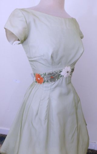 Vintage 50s 1950s Citrus Green Chiffon Embroidered Flowers Party Dress S 5