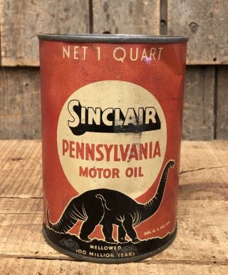 RARE Vintage Sinclair Pennsylvania Motor Oil 1 Quart Metal Can Dino Sign 3