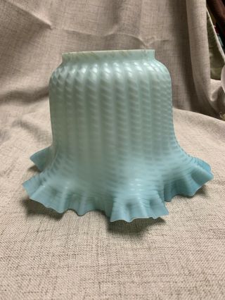 Vintage Blue White Satin Glass Student Lamp Shade Ruffled With Ribbon 4 " Fitter