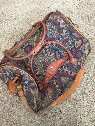 Vintage Hartmann Flame Tapestry Travel Bag Duffel Leather Snap Handle Zip Close