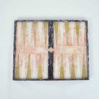 Vtg Backgammon Marble Stone Board Inlay Black Pink White 15.  5 " X 12 "