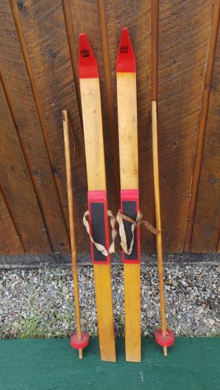 Vintage Wooden 44 " Skis With Red And Blond Finish With Wooden Poles