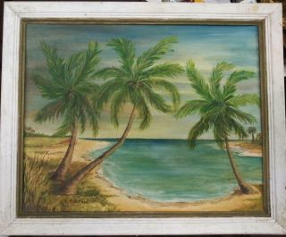 Old Vintage Florida Beach Coastal Landscape Palm Trees Oil Painting By Lb Watson