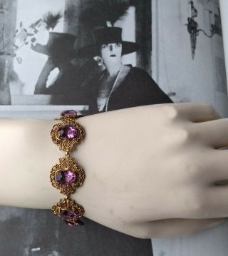 Vintage Art Deco 1920s Amethyst Paste Bohemian Czech Filigree Bracelet Gift