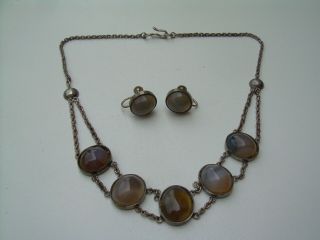 Antique Arts & Crafts? Silver Cabochon Agate Necklace & Earring Suite.