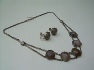 Antique Arts & Crafts? Silver Cabochon Agate Necklace & Earring Suite. 2