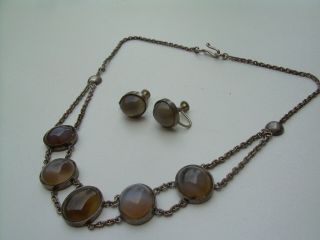 Antique Arts & Crafts? Silver Cabochon Agate Necklace & Earring Suite. 3
