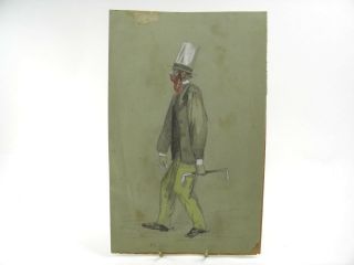 Antique 19th Century Caricature Watercolour Painting Of A Gentleman In Top Hat
