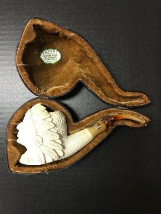 Vintage Meerschaum Block Hand Carved Indian Chief Pipe With Case