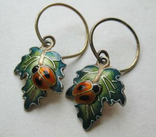 Vtg Chinese Sterling Silver Cloisonne Enamel Ladybug Drop Dangle Hook Earrings