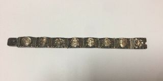 Vintage Taxco Mexico 925 Sterling Silver Brass Mayan Aztec Hinged Panel Bracelet