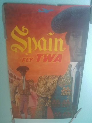 Vintage Travel Poster Twa Spain Nevid 1950s 1960s Plane Airport Rare