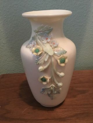 Vintage Belleek Porcelain Spill Vase 5 3/8 " With Applied Tinted Flowers,  Leaves,