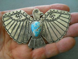 Rare Old Native American Turquoise Sterling Silver Thunderbird Whirling Logs Pin