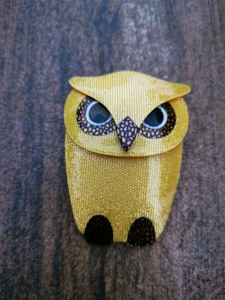 Lea Stein Vintage Bouba Owl Brooch.  Gold Striped Glitter With Black.  Post