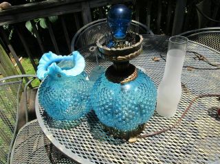 Lamp Light Fenton Glass Hobnail Blue Gone With The Wind Rare Victorian Nouveau 6
