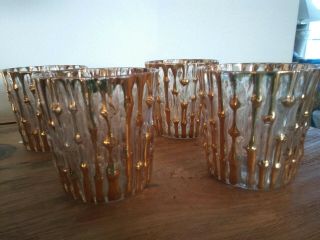Rare 4 Vtg Imperial Glass Gold Bamboo Rocks Tumblers Glasses Tahiti Bambu 3.  75 "