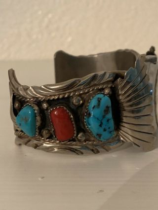 Vintage Sterling Silver Cuff Bracelet With Turquoise And Caravelle Watch