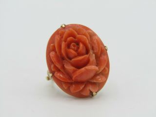 Vintage 14k Yellow Gold Floral Rose Carved Faux Coral Ring Size 6