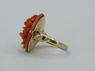 Vintage 14k Yellow Gold Floral Rose Carved Faux Coral Ring Size 6 3