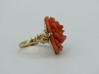 Vintage 14k Yellow Gold Floral Rose Carved Faux Coral Ring Size 6 5