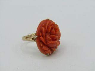 Vintage 14k Yellow Gold Floral Rose Carved Faux Coral Ring Size 6 6