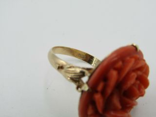 Vintage 14k Yellow Gold Floral Rose Carved Faux Coral Ring Size 6 7