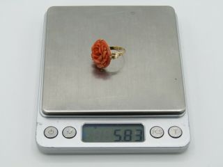 Vintage 14k Yellow Gold Floral Rose Carved Faux Coral Ring Size 6 8