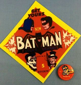 Vintage 1966 " Robin From Batman A&bc Chewing Gum " Pinback Button & Gumball Sign
