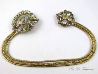 Vintage Signed Hobe Grey Green & Clear Rhinestone Cameo Chatelaine Brooch Pins