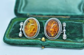 Vintage Sterling Silver Cufflinks With An Art Deco Amber Design G839