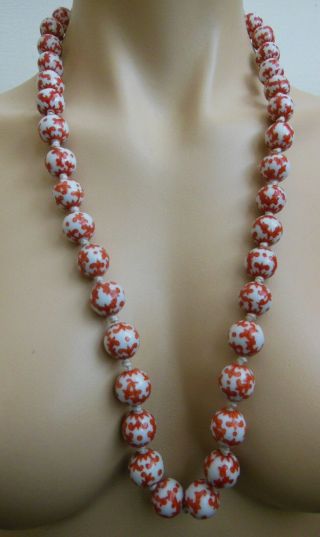 Vtg Hand Painted Knotted Chinese Red Porcelain Bead Necklace Silver Clasp 30 "