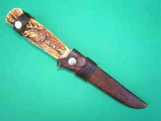 Vintage Decora Solingen D.  B.  G.  M.  Hunting Multi Tool Knife Carved Stag Head Handl