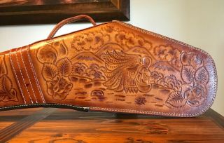 Vintage Hand - Tooled Leather Rifle / Long Gun Scabbard Case - Wool Lined