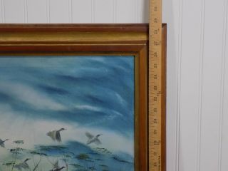 Great Vintage Framed R ALBERT Oil Painting Mallard Ducks Flying Over Landscape 11