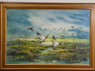 Great Vintage Framed R Albert Oil Painting Mallard Ducks Flying Over Landscape