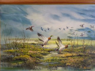 Great Vintage Framed R ALBERT Oil Painting Mallard Ducks Flying Over Landscape 2