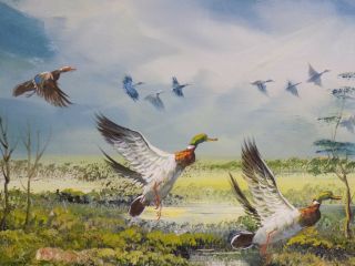 Great Vintage Framed R ALBERT Oil Painting Mallard Ducks Flying Over Landscape 3