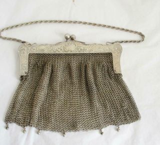 Stunning Antique Silver Chain Mail Mesh Purse / Bag & Ball Fringe Ger Silver