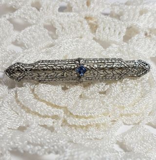 Antique Art Deco Bar Pin 14k White Gold Filigree With Blue Stone