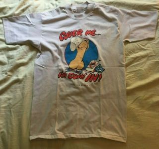 Vintage Cover Me Up Im Going In Condom T Shirt Safe Sex 1980s Sz M Funny Nos