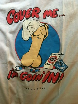 Vintage Cover Me Up Im Going In Condom T Shirt Safe Sex 1980s Sz M Funny NOS 2